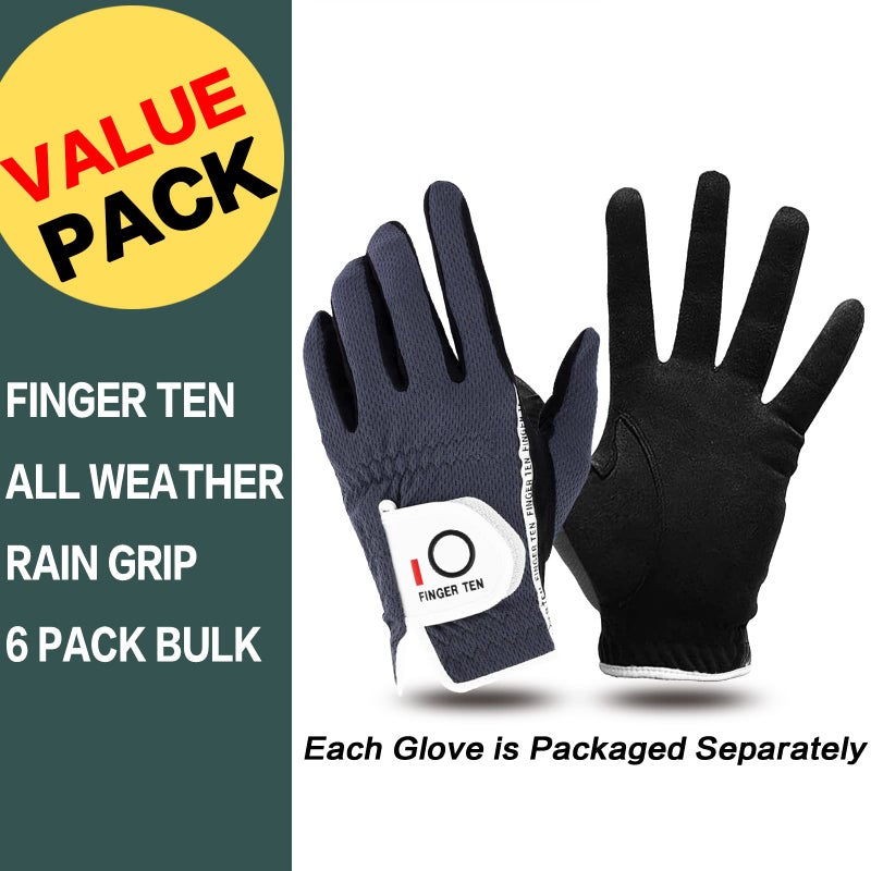 FINGER TEN Golf Gloves Men Right Left Handed Golfer Mens Glove RainGrip Hot Wet Weather Value 6 Pack, All Weather in Grey Medium (Grey, Medium, Left) - Image 2